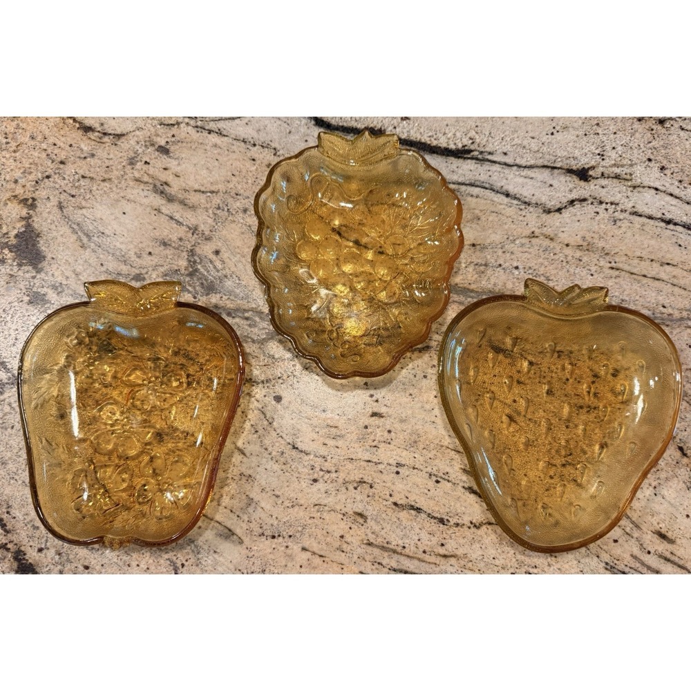 *3*Vintage Hazel Atlas Yellow Amber Strawberry Apple Grape Textured Candy Dishes